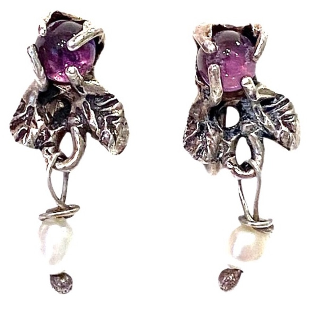 Sterling Amethyst Pearl Rose Earrings Screw back Clip 925